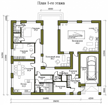 Проект одноэтажного газобетонного дома в стиле хай-тек с внутренним двором, бильярдной, сауной и гаражом / План 1 этажа Проект одноэтажного газобетонного дома в стиле хай-тек с внутренним двором, бильярдной, сауной и гаражом / План 1 этажа