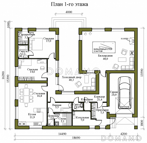 Проект одноэтажного газобетонного дома в стиле хай-тек с внутренним двором, бильярдной, сауной и гаражом / План 1 этажа Проект одноэтажного газобетонного дома в стиле хай-тек с внутренним двором, бильярдной, сауной и гаражом / План 1 этажа