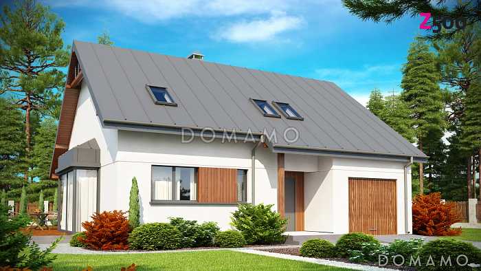 Проект одноэтажного мансардного дома из кирпича со стеклянным прямоугольным эркером и гаражом