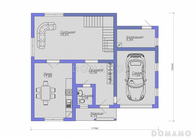 Компактный коттедж с 4 спальнями и гаражом на 1 машину / План 1 этажа