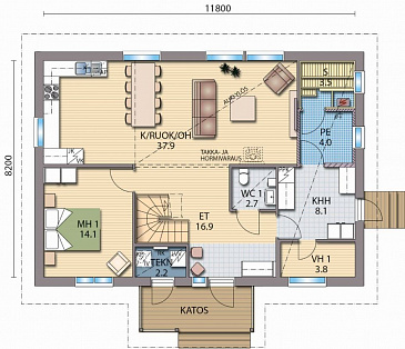 Проект каркасного дома со вторым светом над гостиной / План 1 этажа Проект каркасного дома со вторым светом над гостиной / План 1 этажа