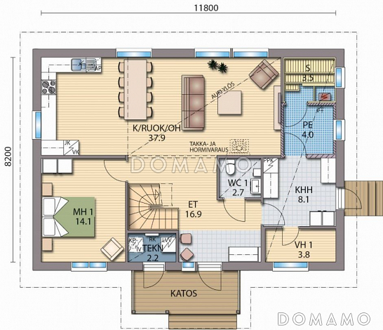 Проект каркасного дома со вторым светом над гостиной / План 1 этажа Проект каркасного дома со вторым светом над гостиной / План 1 этажа