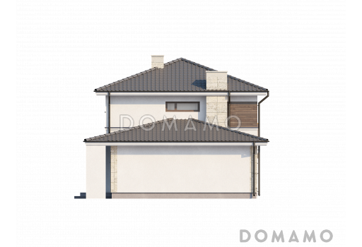 Проект современного двухэтажного дома из кирпича с четырьмя комнатами, гаражом, террасой и балконом / Фасад 4