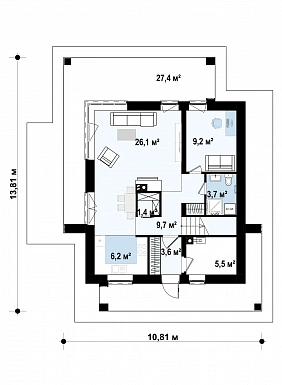Проект двухэтажного дома с кабинетом, мастер-спальней, кладовой / План 1 этажа Проект двухэтажного дома с кабинетом, мастер-спальней, кладовой / План 1 этажа