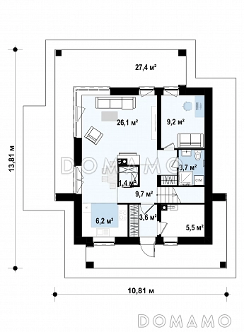 Проект двухэтажного дома с кабинетом, мастер-спальней, кладовой / План 1 этажа Проект двухэтажного дома с кабинетом, мастер-спальней, кладовой / План 1 этажа