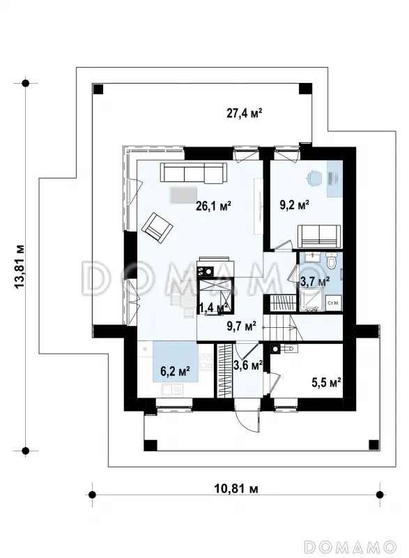Проект двухэтажного дома с кабинетом, мастер-спальней, кладовой / План 1 этажа