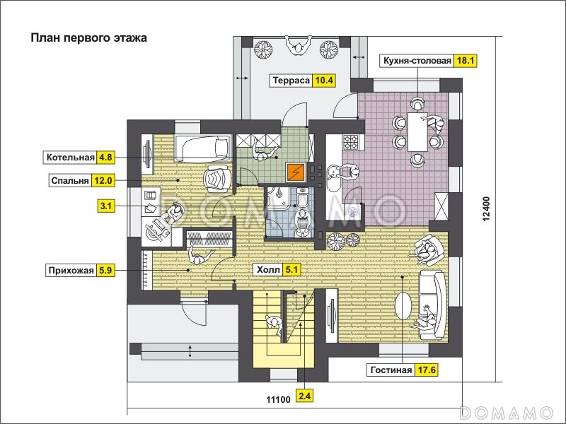 Проект дома c кухней-столовой, спальней на первом этаже, крытой террасой / План 1 этажа