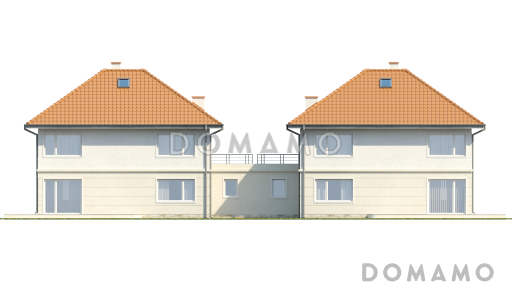 Проект двухэтажных домов-близнецов из газобетона с открытой террасой над большим гаражом  / Фасад 2