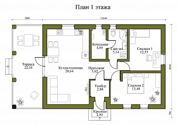 Проект одноэтажного дома из газобетона с большой террасой и двумя спальнями / План 1 этажа Проект одноэтажного дома из газобетона с большой террасой и двумя спальнями / План 1 этажа