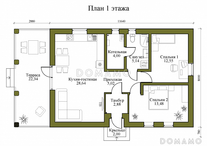 Проект одноэтажного дома из газобетона с большой террасой и двумя спальнями / План 1 этажа Проект одноэтажного дома из газобетона с большой террасой и двумя спальнями / План 1 этажа