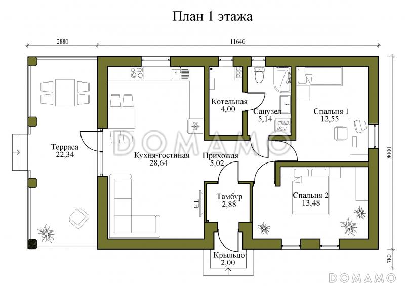 Проект одноэтажного дома из газобетона с большой террасой и двумя спальнями / План 1 этажа