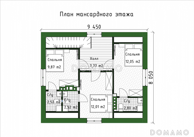 Проект мансардного дома с встроенной сауной, крытой террасой и кабинетом / План мансардного этажа Проект мансардного дома с встроенной сауной, крытой террасой и кабинетом / План мансардного этажа