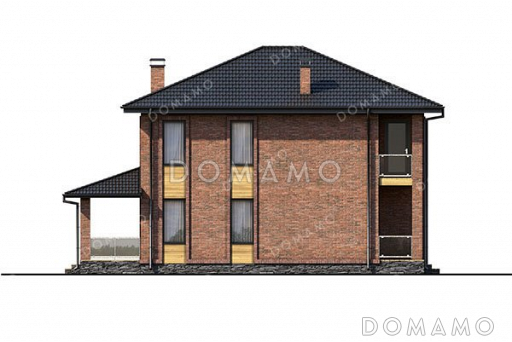 Проект двухэтажного дома с большой гостиной и террасой / Фасад 2 Проект двухэтажного дома с большой гостиной и террасой / Фасад 2