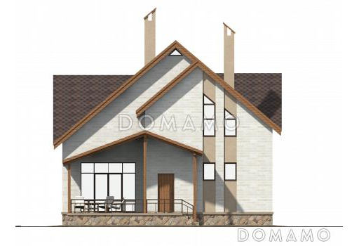 Проект коттеджа с двусветной гостиной и террасой. / Фасад 1