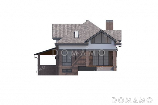 Проект одноэтажного дома с мансардой, большой террасой и навесом на два автомобиля / Фасад 2