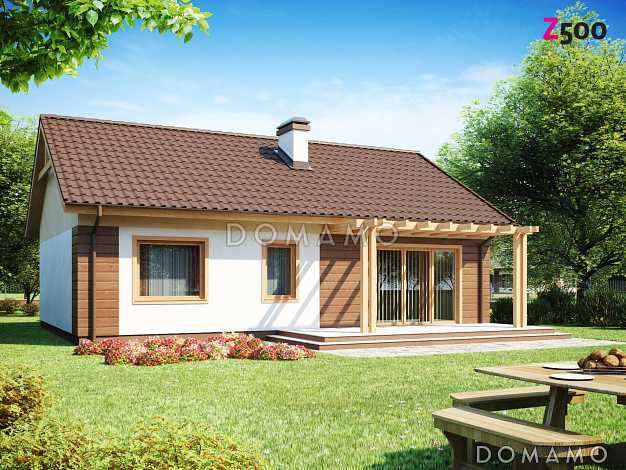 Проект одноэтажного дома из кирпича с тремя спальнями и террасой Проект одноэтажного дома из кирпича с тремя спальнями и террасой