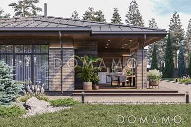 Проект кирпичного дома с 3 спальнями, сауной, угловой террасой, местами для хранения и навесом для двух машин