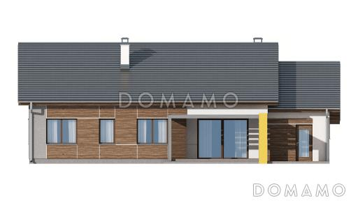 Проект одноэтажного дома из газобетона с большой гостиной, тремя спальнями и гаражом  / Фасад 3