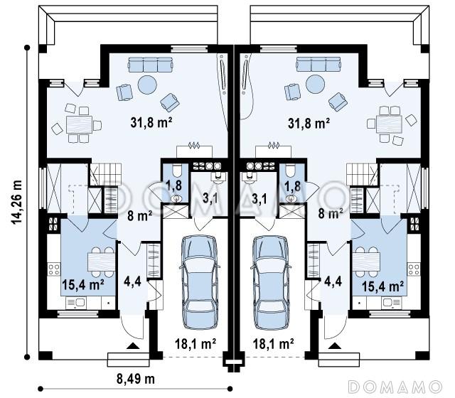Проект мансардных домов-близнецов из кирпича с гаражом, тремя спальнями и красивым слуховым окном и балконом / План 1 этажа