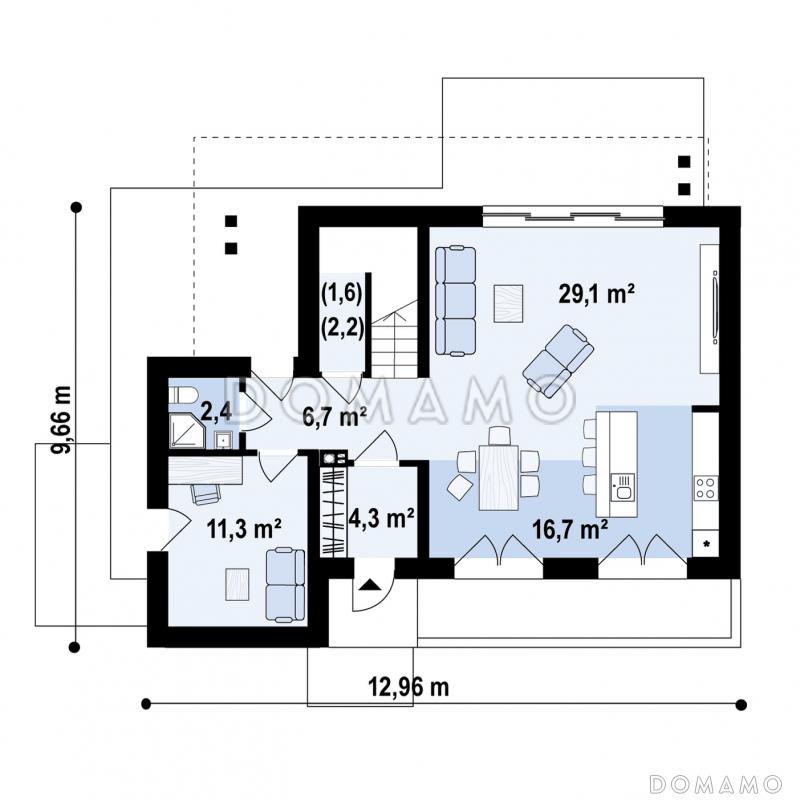 Проект двухэтажного загородного дома с подвалом, гаражом, кладовой, балконами / План 1 этажа