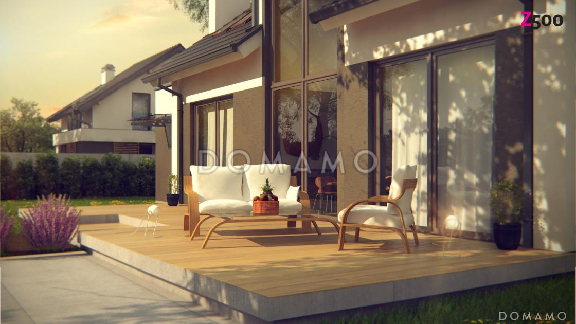 Проект одноэтажного коттеджа из кирпича с мансардным этажом со вторым светом, большим панорамным окном и гаражом / 4