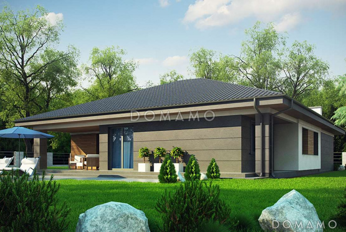 Проект просторного одноэтажного дома из кирпича с тремя спальнями, кабинетом и гаражом