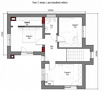 Проект двухэтажного дома с плоской крышей, изолированной кухней-столовой, гостиной с выходом на террасу, гостевой комнатой / План 2 этажа Проект двухэтажного дома с плоской крышей, изолированной кухней-столовой, гостиной с выходом на террасу, гостевой комнатой / План 2 этажа