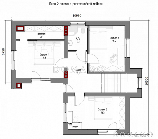 Проект двухэтажного дома с плоской крышей, изолированной кухней-столовой, гостиной с выходом на террасу, гостевой комнатой / План 2 этажа Проект двухэтажного дома с плоской крышей, изолированной кухней-столовой, гостиной с выходом на террасу, гостевой комнатой / План 2 этажа