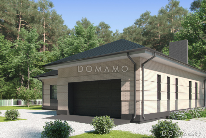 Проект одноэтажного дома с широкой террасой, кухней-столовой, гаражом Проект одноэтажного дома с широкой террасой, кухней-столовой, гаражом