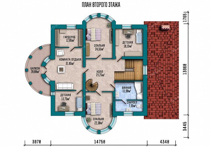 Проект дома с мансардой и гаражом на два авто / План 2 этажа