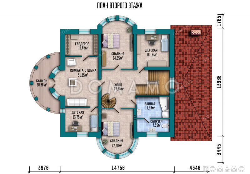 Проект дома с мансардой и гаражом на два авто / План 2 этажа