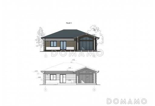 Проект одноэтажного дома с тремя спальнями, гардеробной, сауной и террасой / Фасад 2 Проект одноэтажного дома с тремя спальнями, гардеробной, сауной и террасой / Фасад 2