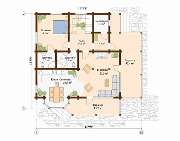 Проект дома с тремя спальнями на мансардном этаже / План 1 этажа Проект дома с тремя спальнями на мансардном этаже / План 1 этажа