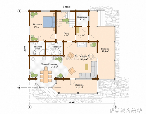 Проект дома с тремя спальнями на мансардном этаже / План 1 этажа Проект дома с тремя спальнями на мансардном этаже / План 1 этажа