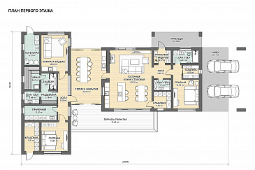 Проект одноэтажного кирпичного дома с комнатой отдыха, парной, двумя спальнями, совмещенной гостиной-кухней-столовой / План 1 этажа Проект одноэтажного кирпичного дома с комнатой отдыха, парной, двумя спальнями, совмещенной гостиной-кухней-столовой / План 1 этажа