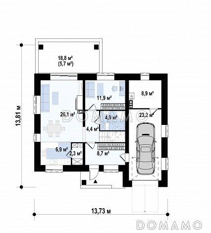 Проект двухэтажного дома с котельной в гараже, кладовой, крытой террасой / План 1 этажа