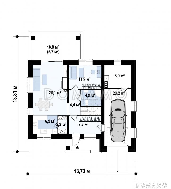 Проект двухэтажного дома с котельной в гараже, кладовой, крытой террасой / План 1 этажа