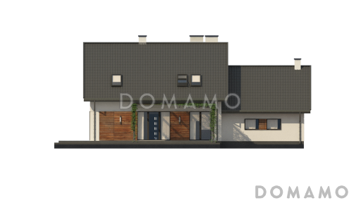 Проект комфортного одноэтажного мансардного дома из кирпича с кабинетом, гаражом и тремя спальнями / Фасад 3