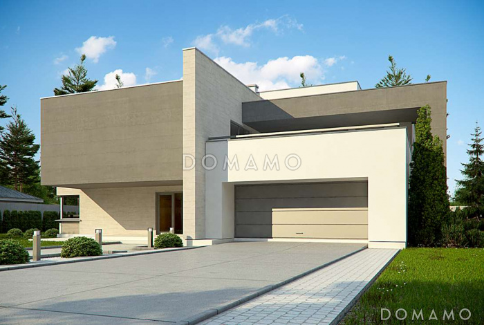 Проект большого современного двухэтажного дома из кирпича необычной формы, с тремя спальнями и кабинетом, сауной и гаражом