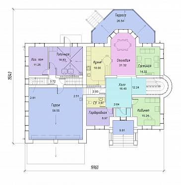 Проект двухэтажного дома с цокольным этажом, гаражом, эркером и террасой / План 1 этажа Проект двухэтажного дома с цокольным этажом, гаражом, эркером и террасой / План 1 этажа