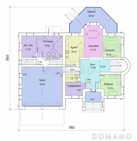 Проект двухэтажного дома с цокольным этажом, гаражом, эркером и террасой / План 1 этажа Проект двухэтажного дома с цокольным этажом, гаражом, эркером и террасой / План 1 этажа