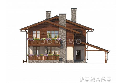 Проект загородного дома с террасой, навесом на одну машину, верандой с камином на втором этаже / Фасад 3