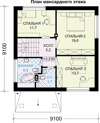 Проект дома из газобетона с тремя спальнями на втором этаже / План мансардного этажа