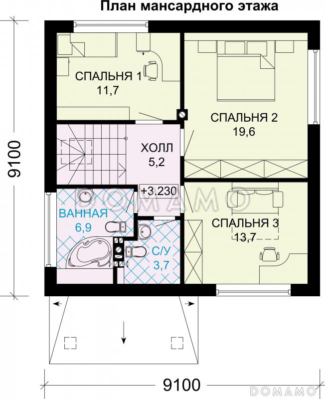 Проект дома из газобетона с тремя спальнями на втором этаже / План мансардного этажа