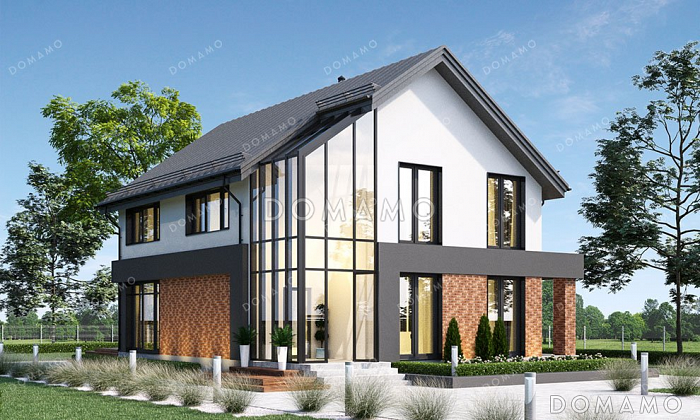 Проект дома с большой террасой, эркером и выразительной застекленной частью