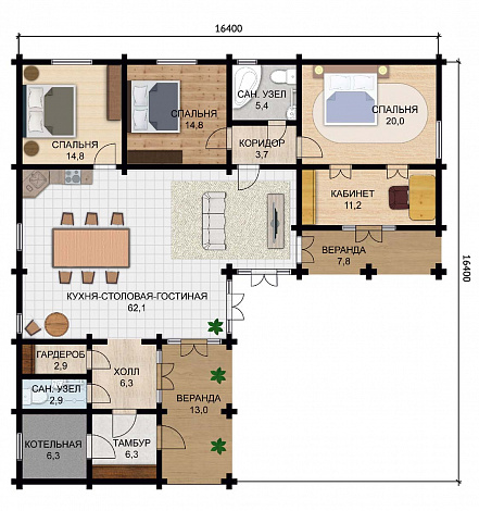 Проект одноэтажного дома из клееного бруса с небольшим кабинетом / План 1 этажа