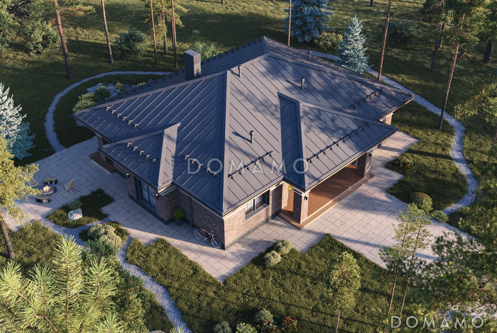 Проект кирпичного одноэтажного дома с тремя спальнями и кухней-столовой-гостиной