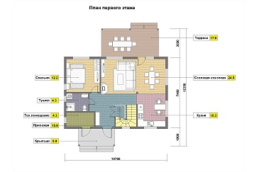 Проект скандинавского коттеджа с 4 спальнями, светлой гостиной и крытой террасой / План 1 этажа