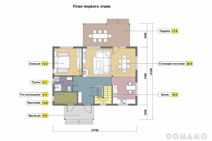 Проект скандинавского коттеджа с 4 спальнями, светлой гостиной и крытой террасой / План 1 этажа