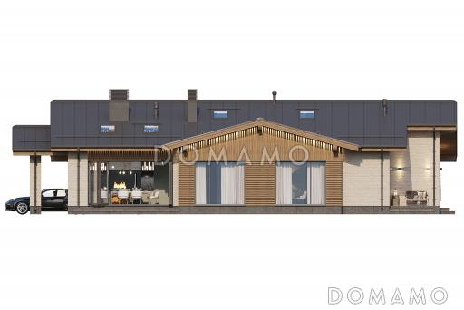 Проект дома с террасами, зоной барбекю, приватной зоной и просторной гостиной-кухней-столовой / Фасад 1